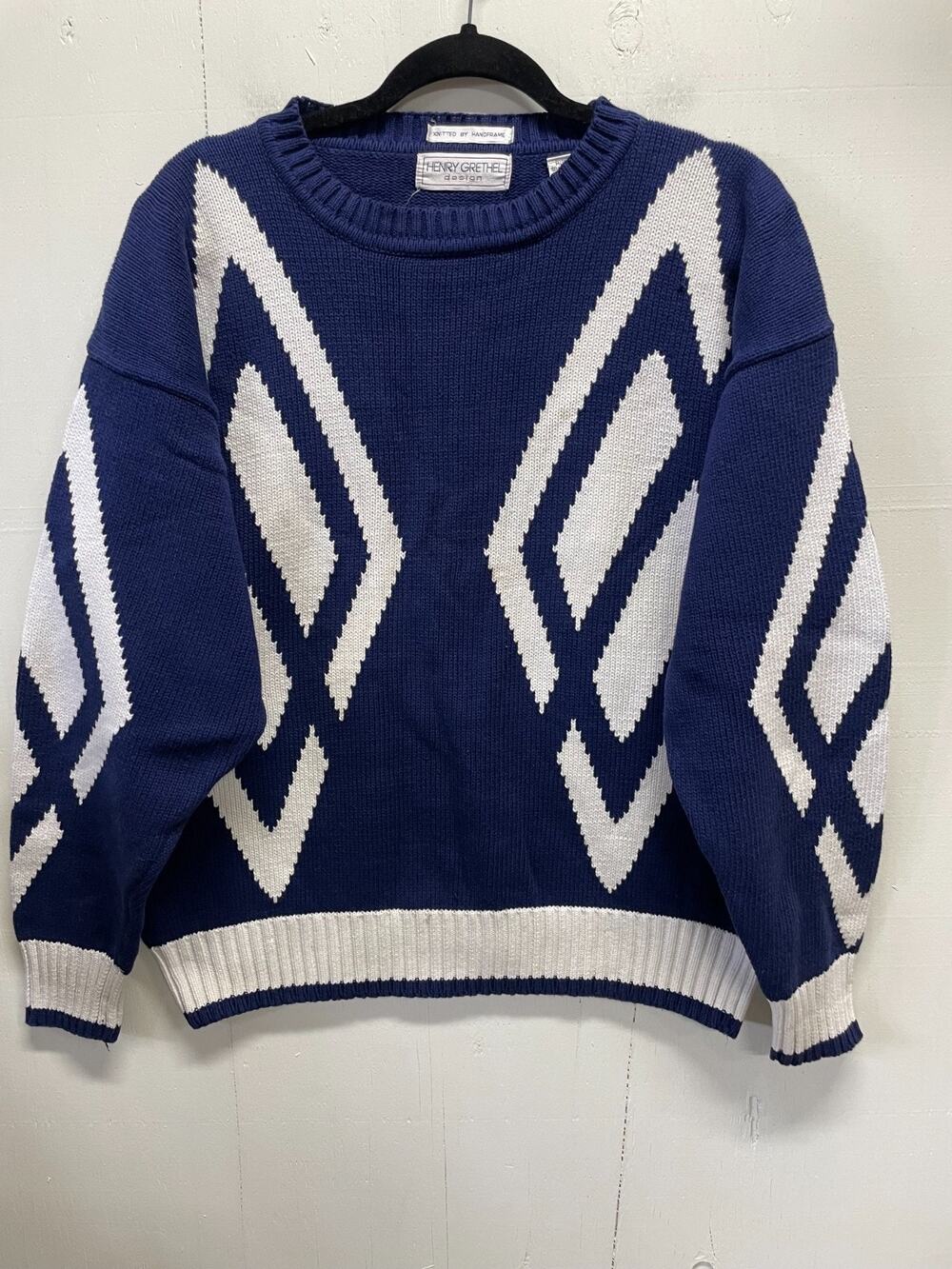 Henry Grethel Men's Vintage Blue & White Geometric Knit Crewneck Sweater Medium